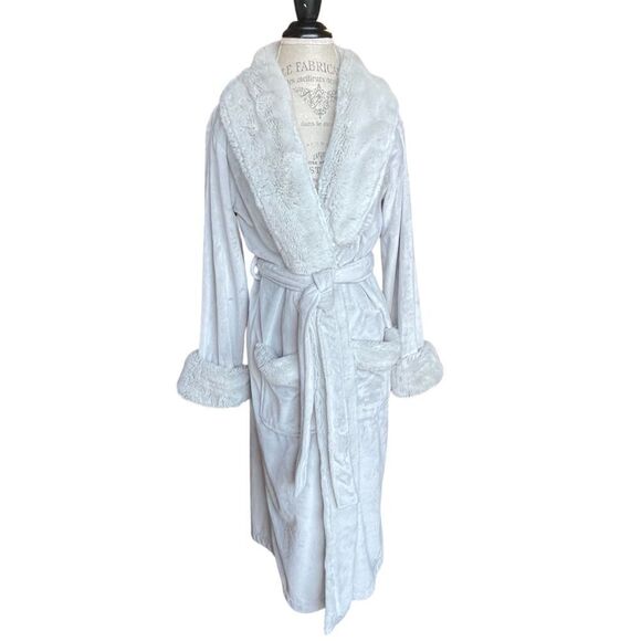 Pottery Barn Faux Fur Trim Robe With Pockets and Sash Belt Gray Size Large - Picture 1 of 13